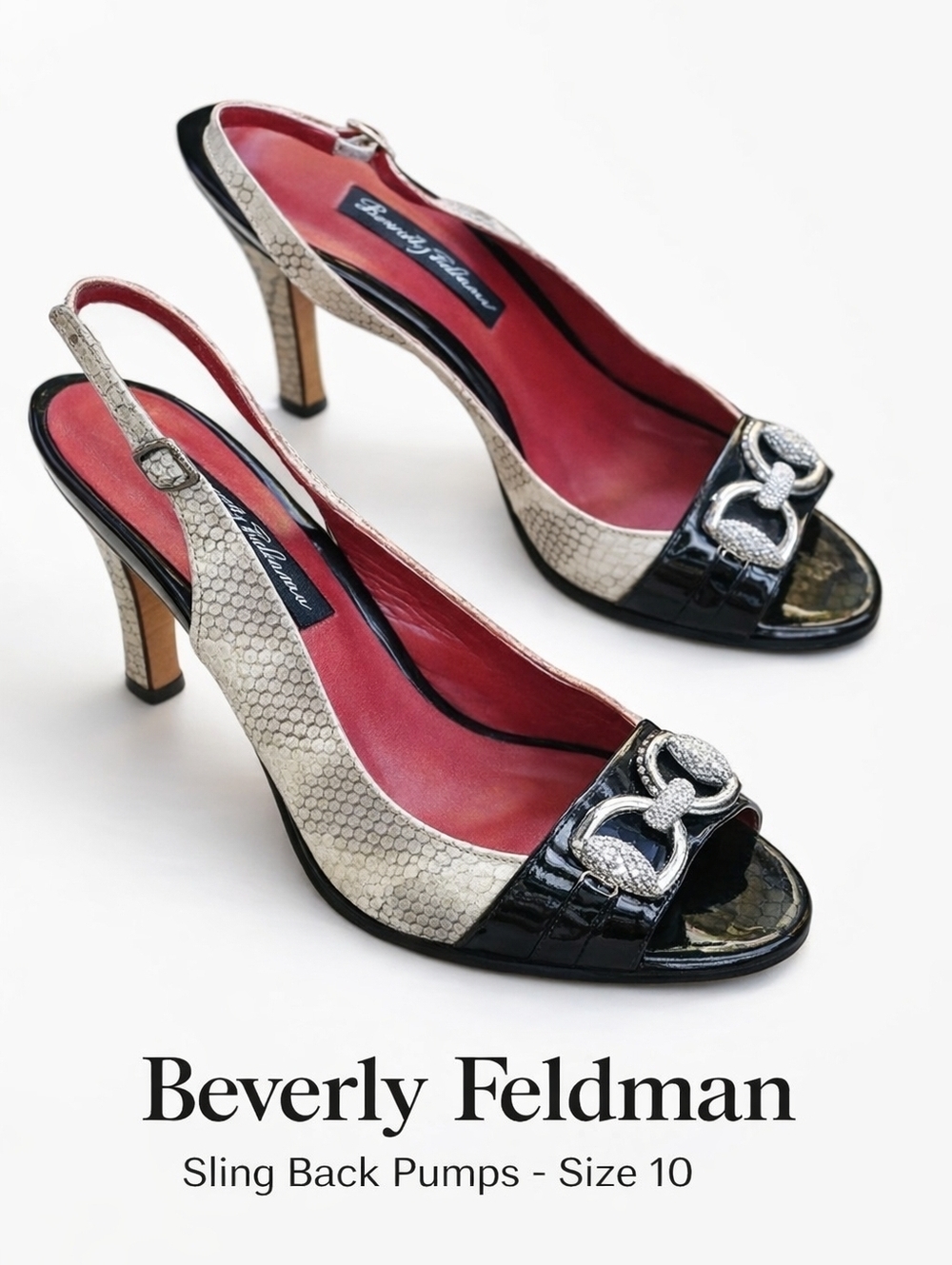Beverly Feldman sling back‎ Glam Rhinestone Open Toe Pumps 10